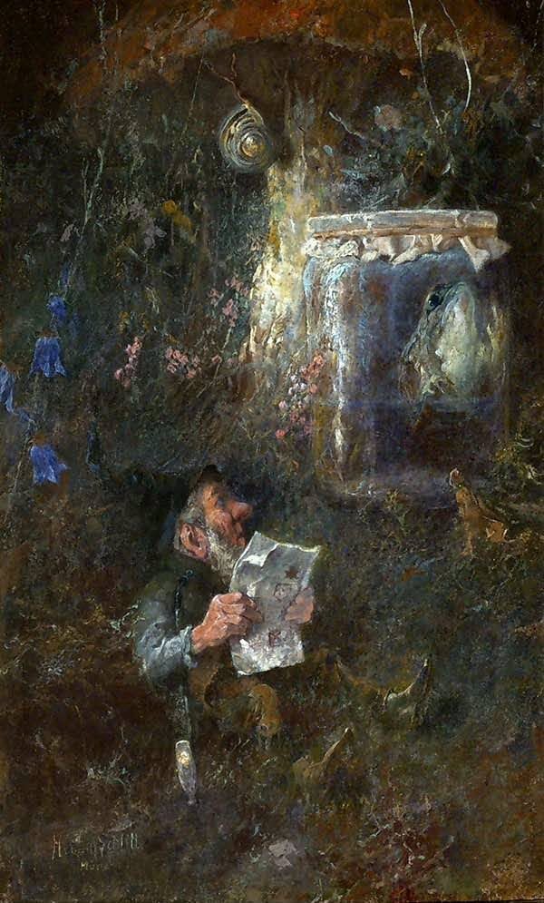 Gnome with newspaper and tobacco pipe under a toadstool by Heinrich Schlitt